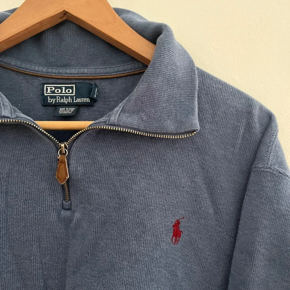 Vintage Polo Ralph Lauren Men's 100% Cotton Blue 1/4 Zip Sweater Size XL